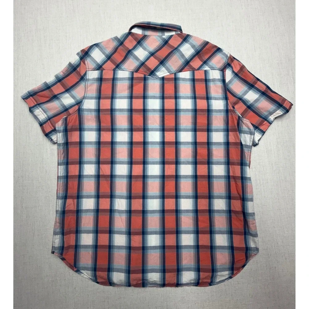 True Religion Mens 2XL Western Plaid Short Sleeve Pearl Snap Shirt Orange Blue